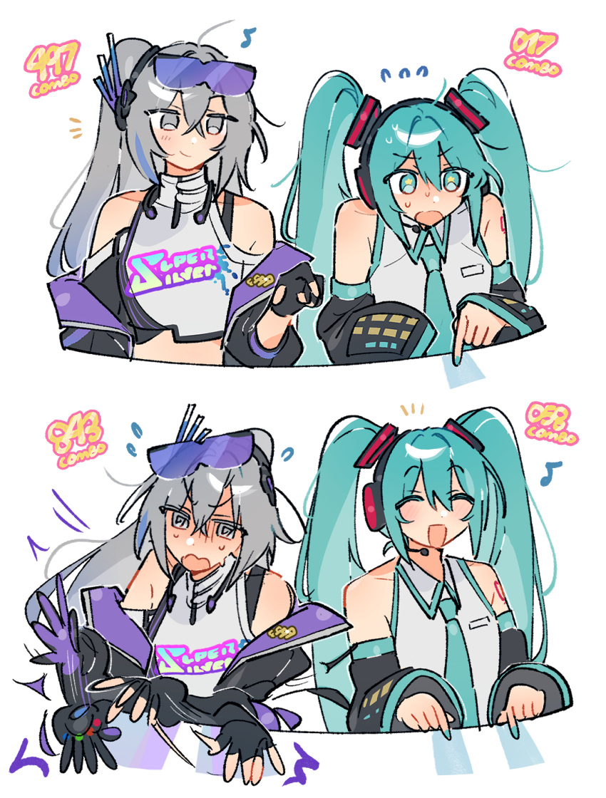 2girls, :d, @_@, aqua_eyes, aqua_hair, aqua_necktie, arcade, bare_shoulders