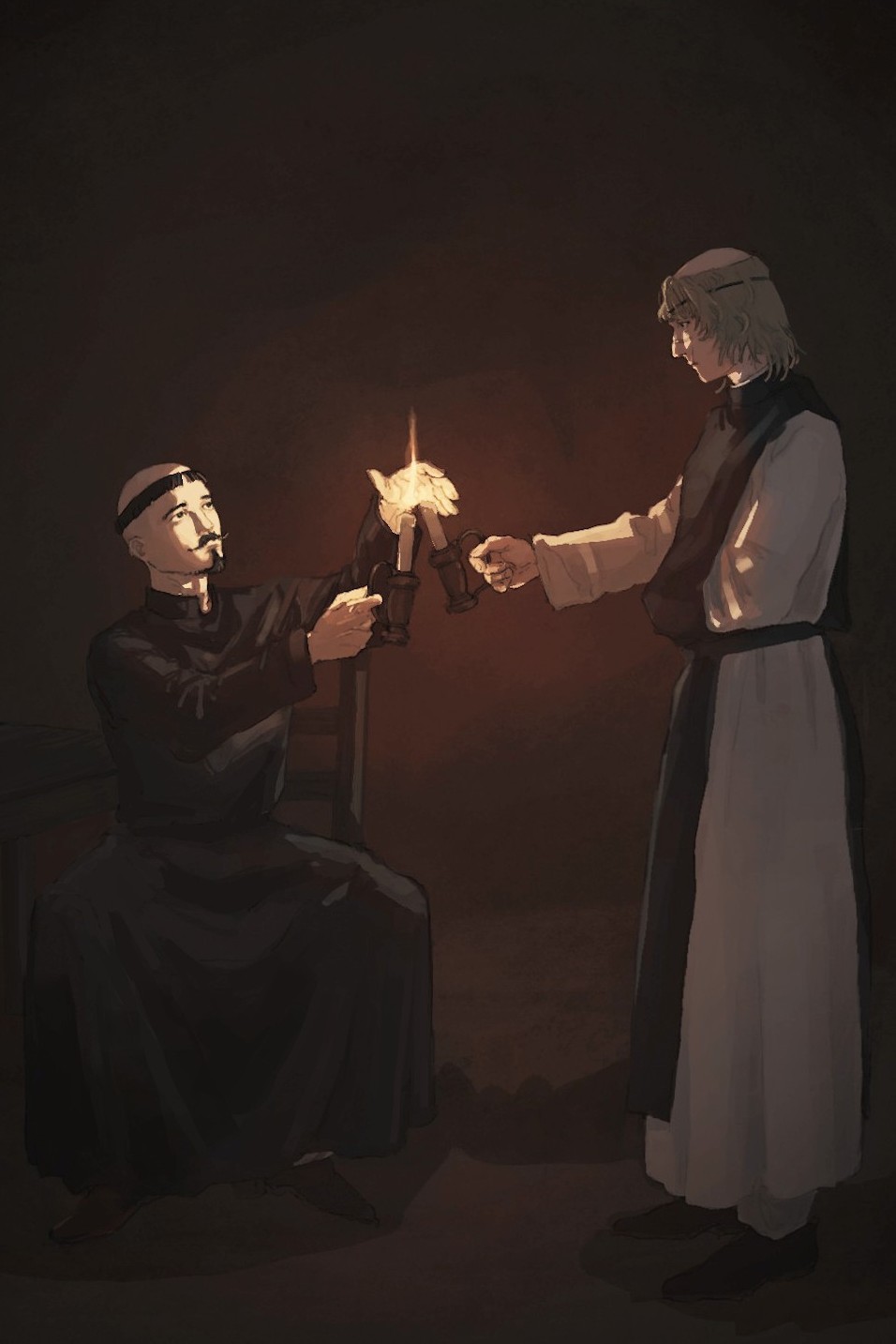 2boys, badeni, black_hair, black_shoes, black_tabard, blonde_hair, candle, candlelight