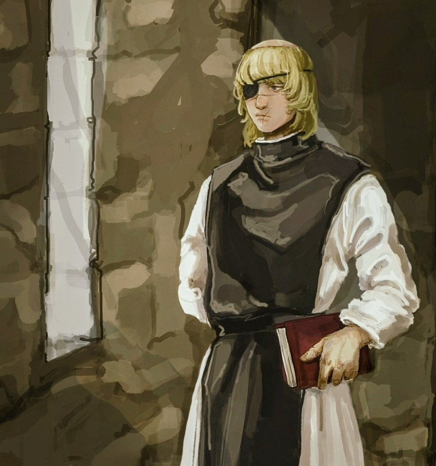 1boy, arm_behind_back, badeni, black_tabard, blonde_hair, book, chi.:_chikyuu_no_undou_ni_tsuite, eyepatch