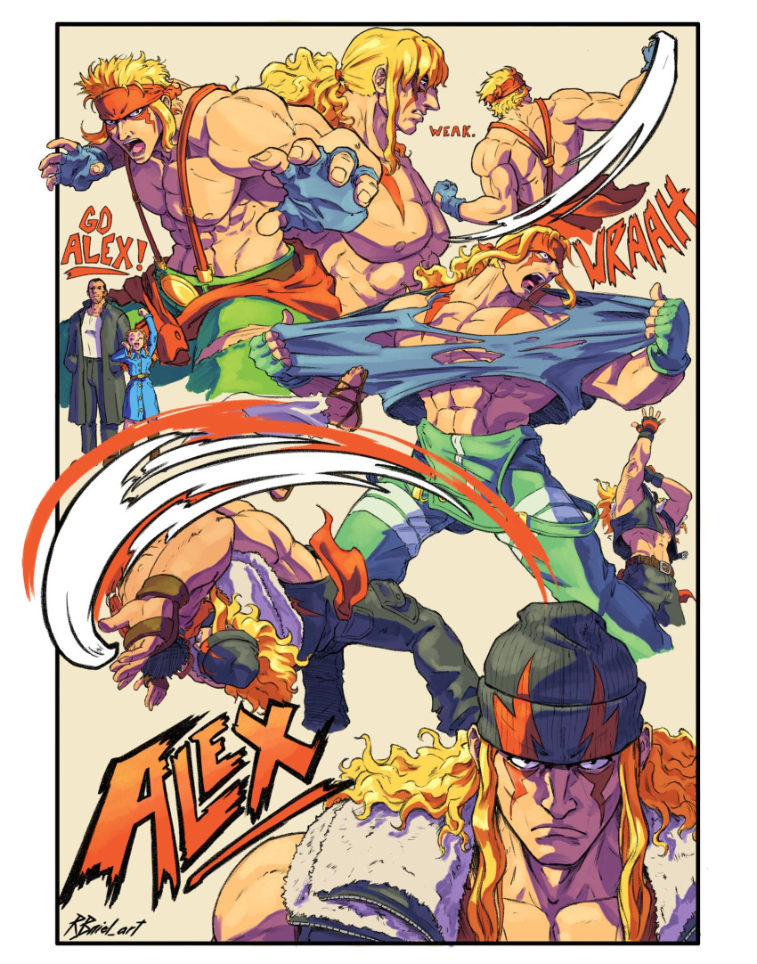 1girl, 2boys, abs, alex_(street_fighter), bandana, beanie, blonde_hair, blue_eyes