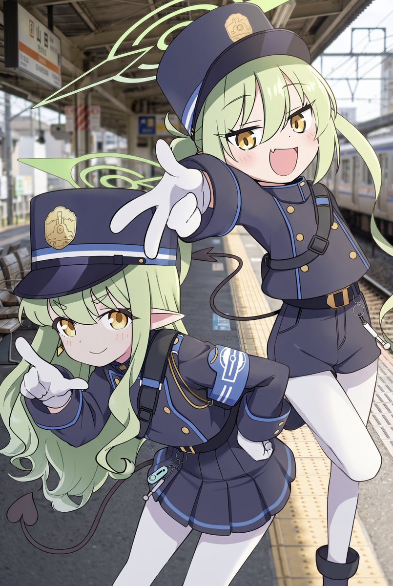 2girls, :d, armband, badge, belt, blue_archive, blue_armband, blue_coat, blue_hat, blue_shorts, blue_skirt, coat, commentary_request, demon_tail, earrings, fang, feet_out_of_frame, gloves, green_hair, hair_between_eyes, hand_on_own_hip, hat, highres, hikari_(blue_archive), jewelry, leaning_forward, looking_at_viewer, medium_hair, multiple_girls, nozomi_(blue_archive), pantyhose, photo_background, pleated_skirt, pointing, pointing_up, pointy_ears, ponconyan, shorts, siblings, side-by-side, sidelocks, single_earring, skin_fang, skirt, smile, standing, standing_on_one_leg, tail, train_station, train_station_platform, twins, twintails, v, white_gloves, white_pantyhose, yellow_eyes
