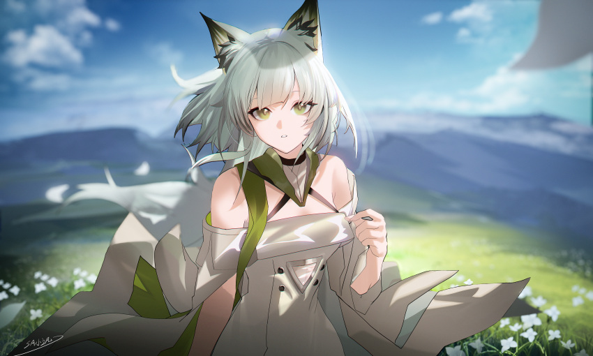 1girl, :|, absurdres, animal_ear_fluff, animal_ears, arknights, bare_shoulders, blue_sky
