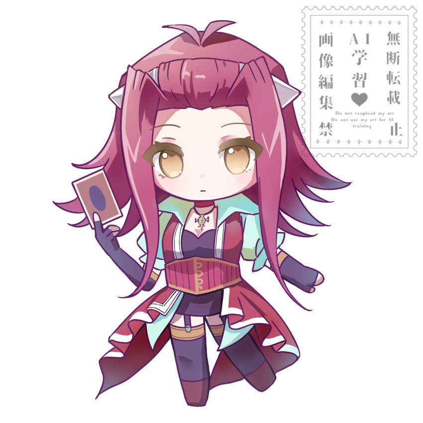 1girl, ameko0617, black_gloves, black_thighhighs, brown_eyes, card, chibi, chibi_only