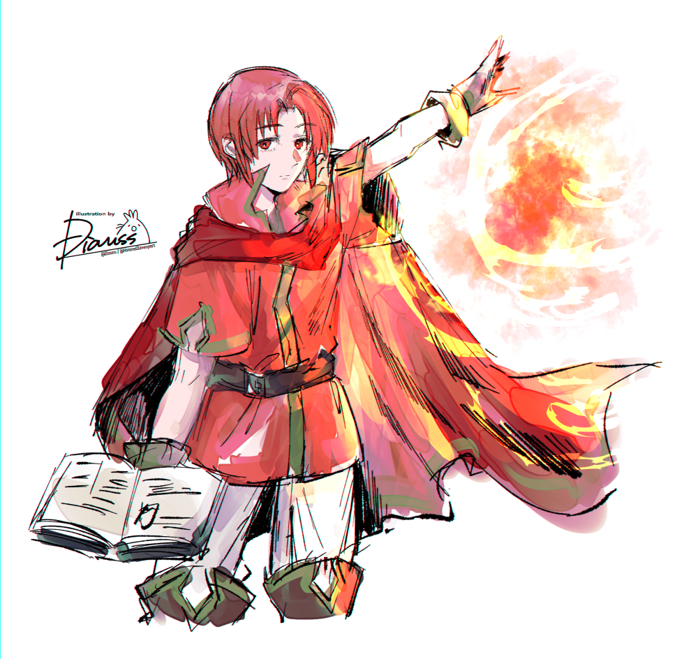 1boy, azelle_(fire_emblem), black_gloves, book, cape, closed_mouth, cropped_legs, fire