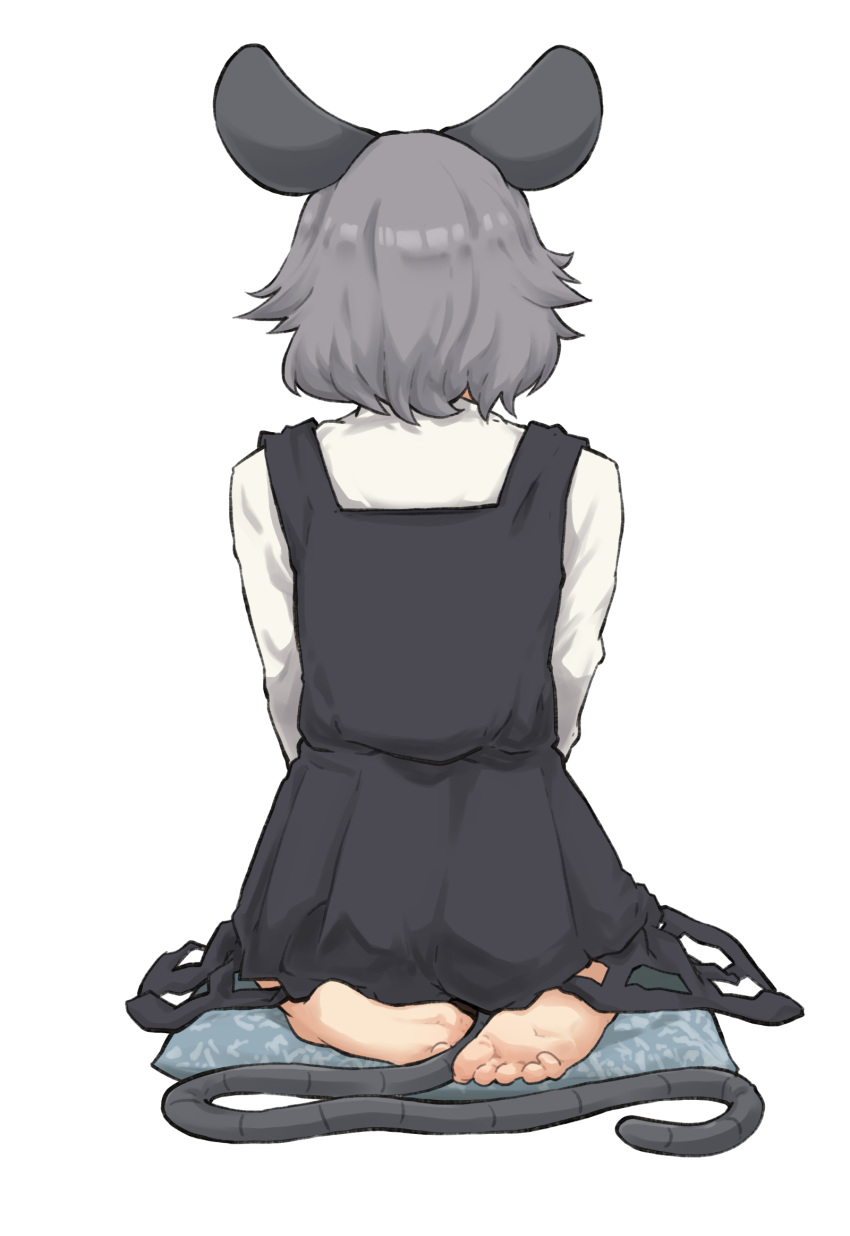 1girl, animal_ears, barefoot, black_dress, bob_cut, chagamaka, cushion, dress