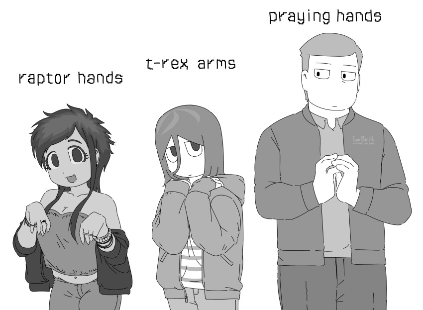 1boy, 1girl, 1other, :3, adriana_ortega, angel_martinez, bracelet, clinical_trial_(game)
