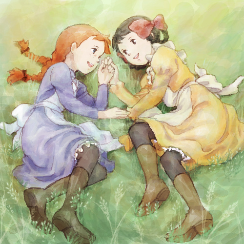 akage_no_anne, anne_of_green_gables, anne_shirley, apron, boots, braid, child, diana_barry, dress, eye_contact, friends, grass, hair_ribbon, hand_holding, holding_hands, looking_at_another, lowres, lying, multiple_girls, oekaki, official_style, pantyhose, ribbon, sakai_yume, smile, twin_braids, world_masterpiece_theater