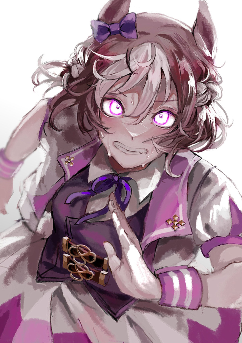 1girl, animal_ears, blush, bow, braid, brown_hair, clenched_teeth, collared_shirt