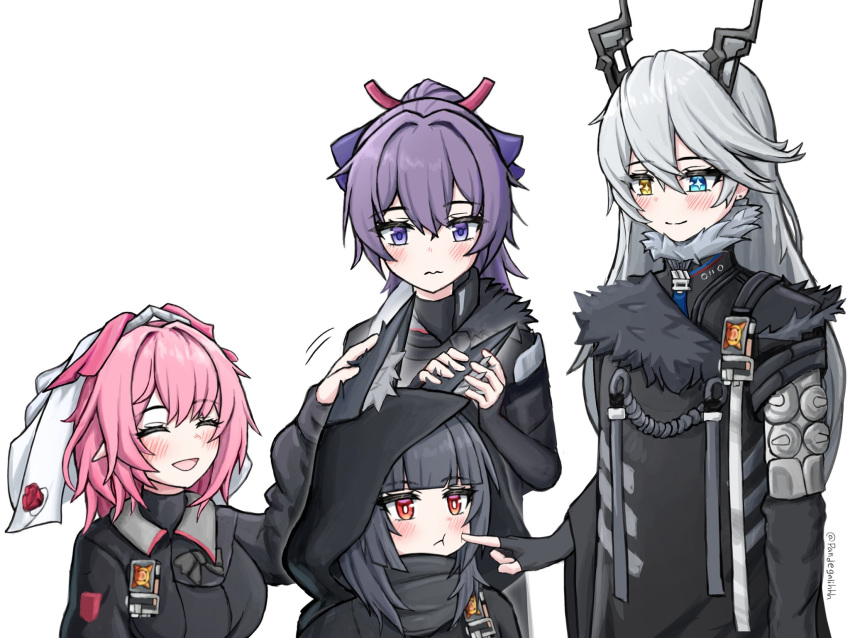 4girls, animal_ears, black_coat, black_dress, black_hood, black_horns, breasts, cheek_pinching