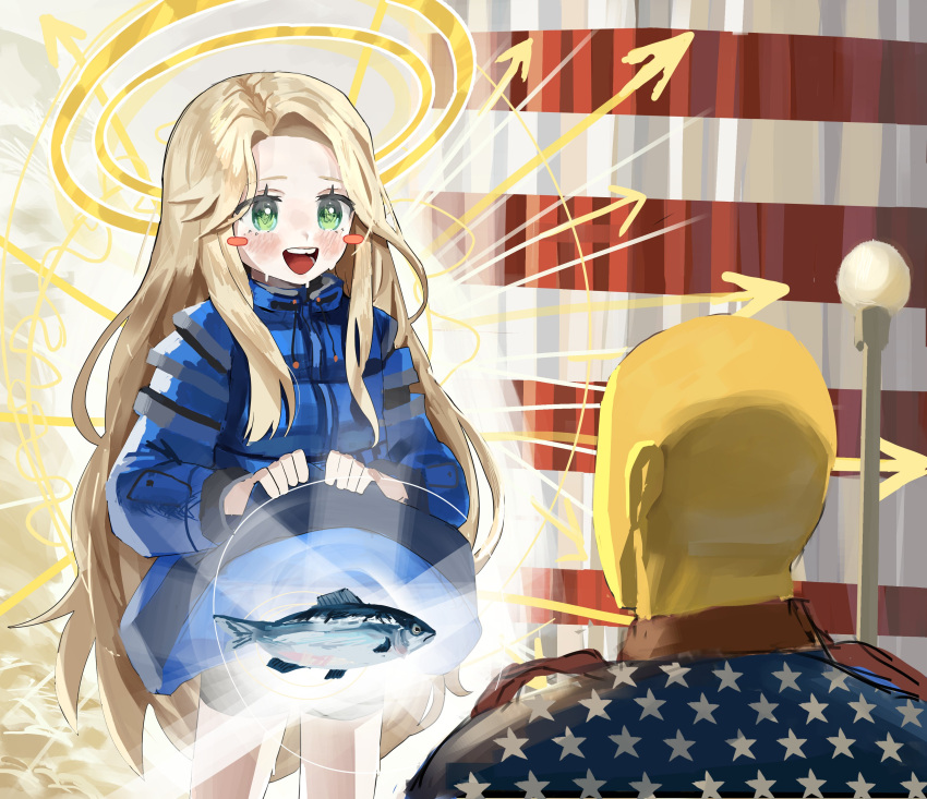 1boy, 1girl, absurdres, american_flag, american_flag_print, bike_shorts, blonde_hair, blush, censored, clothes_lift, crying_emoji, cunny_(meme), diana_(pragmata), emoji, fish, flag_print, glowing, green_eyes, halo, highres, homelander, kagana_helsuki, long_hair, looking_to_the_side, meme, oversized_clothes, pragmata, radiant_light, skirt, skirt_lift, sweat, sweatdrop, the_boys, uohhhhhhhhh!_(meme), very_long_hair