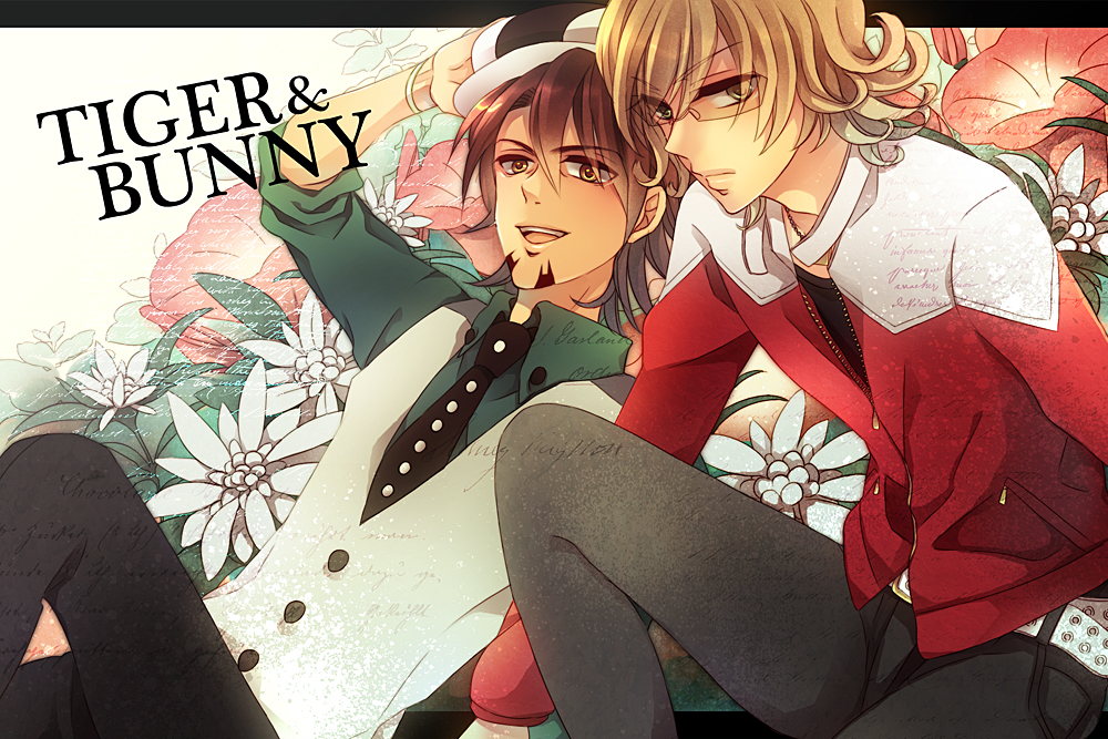an_hajime, barnaby_brooks_jr, belt, blonde_hair, brown_eyes, brown_hair, cabbie_hat, facial_hair, flower, glasses, green_eyes, hat, jacket, jewelry, kaburagi_t_kotetsu, male, multiple_boys, necklace, necktie, red_jacket, short_hair, stubble, studded_belt, sweetpumpkin, tiger_&amp;_bunny, vest, waistcoat