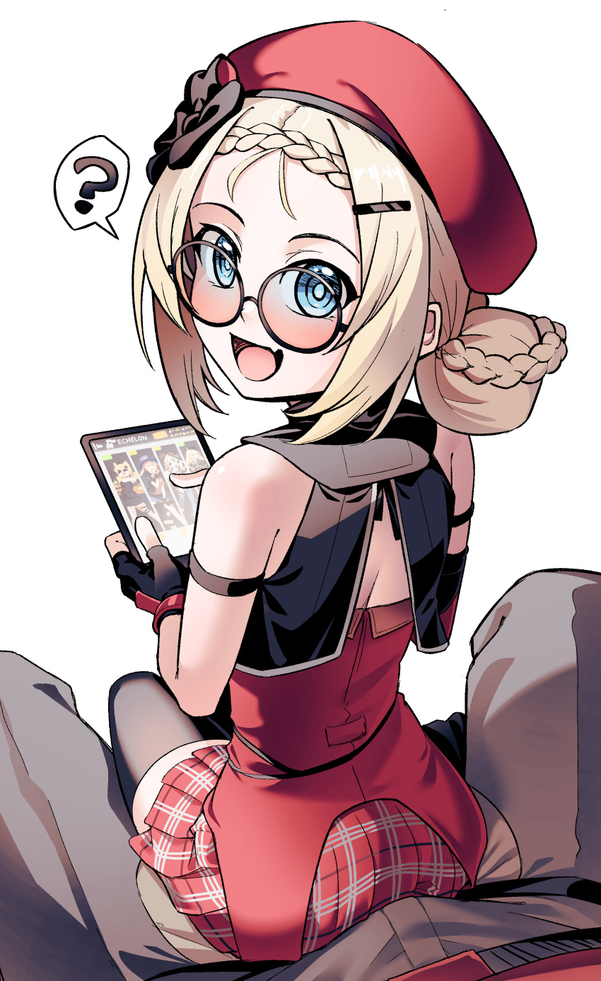 1boy, 1girl, ?, absurdres, bare_shoulders, beret, black_gloves, black_pants, blonde_hair, blue_eyes, blush, braid, braided_hair_rings, commander_(girls'_frontline), fingerless_gloves, from_behind, girls'_frontline_2:_exilium, girls_frontline, glasses, gloves, hair_bun, hair_ornament, hair_rings, hairclip, happy, hat, highres, holding, holding_tablet_pc, long_hair, looking_at_viewer, looking_back, looking_up, medium_hair, meta, miniskirt, mp5_(girls'_frontline), multiple_braids, pants, peri_(girls'_frontline_2), playing_games, playing_video_games, pleated_skirt, pov, red_hat, red_skirt, senpaihawkkun, sitting_between_legs, skirt, sleeveless, smile, solo_focus, spoken_question_mark, sunglasses, tablet_pc, thigh-highs