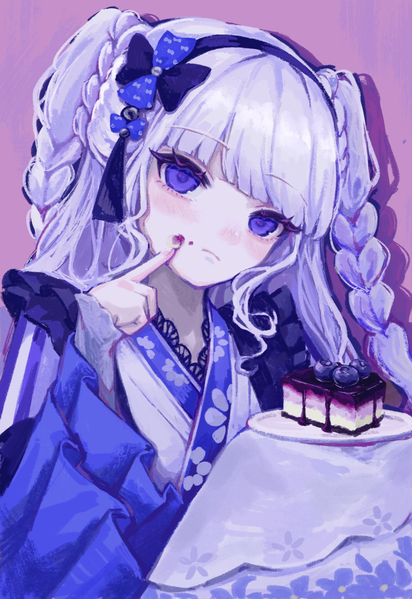 1girl, blush, braid, cake, floral_print, food, frilled_sleeves, frills