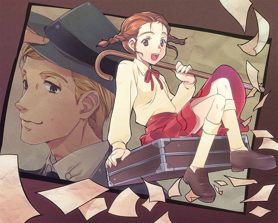 blue_eyes, braid, character_request, fedora, flying_paper, hand_on_hat, hat, jervis_pendleton