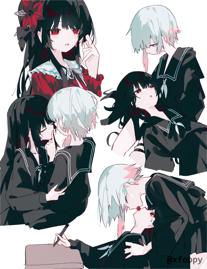 2girls, absurdres, black_hair, black_sailor_collar, black_serafuku, black_shirt, black_skirt, commentary