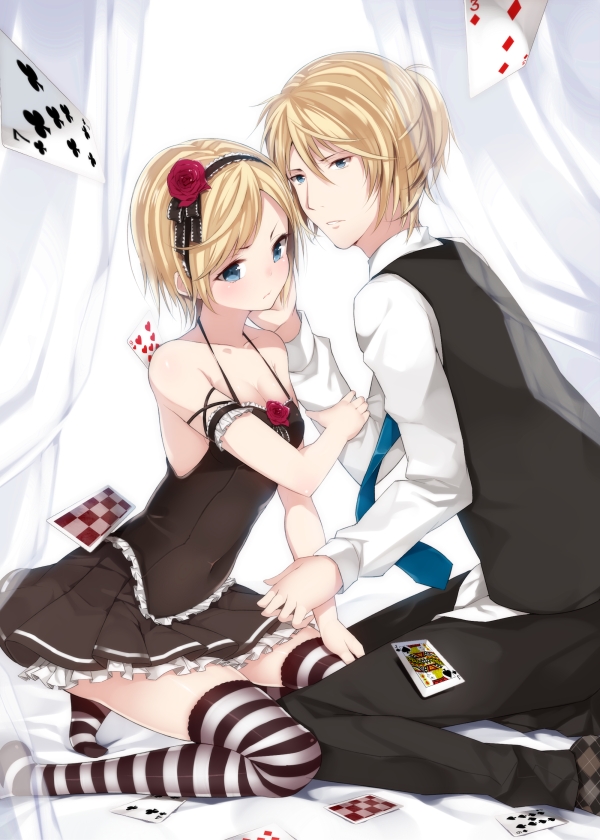 age_difference, argyle, bad_id, bare_shoulders, black_dress, blonde_hair, blue_eyes, blush, breasts, card, cards, cleavage, dress, falling_card, frills, hair_ornament, hairband, kagamine_len, kagamine_rin, kazyar, lying_card, necktie, no_shoes, short_hair, siblings, striped, striped_legwear, thigh-highs, thighhighs, twins, vocaloid