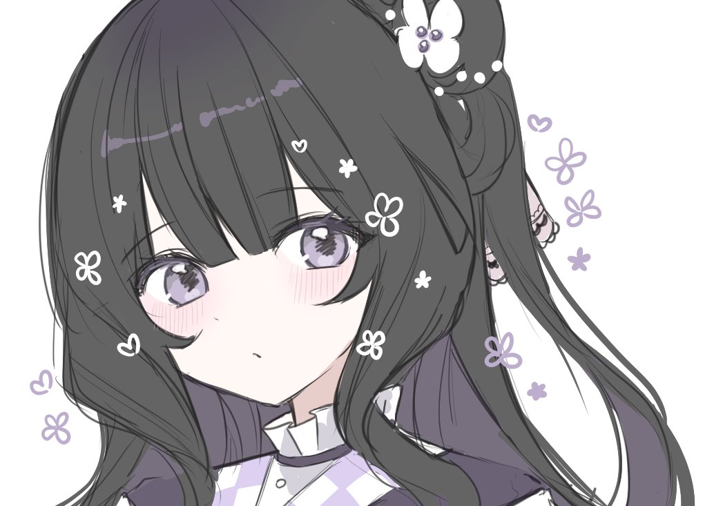 1girl, black_hair, blush, floral_print, hair_ornament, hime_cut, japanese_clothes, lolita_fashion