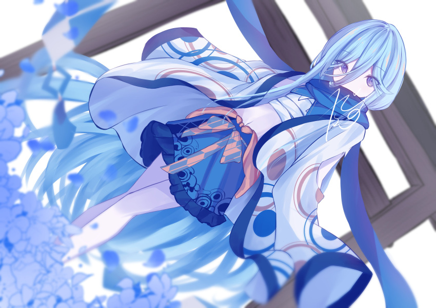 1girl, 7sdesu, absurdres, aoba_kira, blue_eyes, blue_hair, blue_scarf, commentary_request, frilled_skirt, frills, highres, japanese_clothes, long_hair, looking_at_viewer, magical_girl, mahou_shoujo_no_inshuu_mura, navel, patterned_clothing, scarf, skirt, solo, torii, wide_sleeves