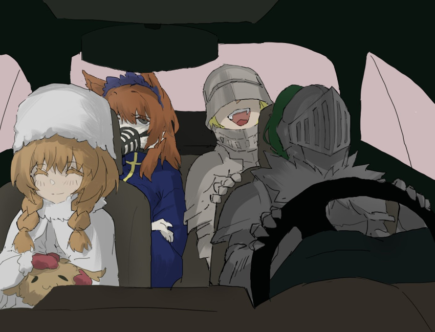 2boys, 2girls, animal_ears, armor, black_souls, black_souls_2, blonde_hair, car