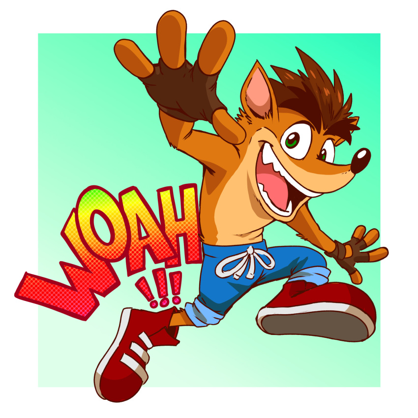 1boy, bandicoot_boy, blue_pants, crash_bandicoot, crash_bandicoot_(series), english_text, fangs, furry