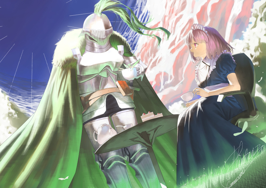 absurdres, armor, black_souls, blue_dress, blue_sky, cake, cake_slice, cape