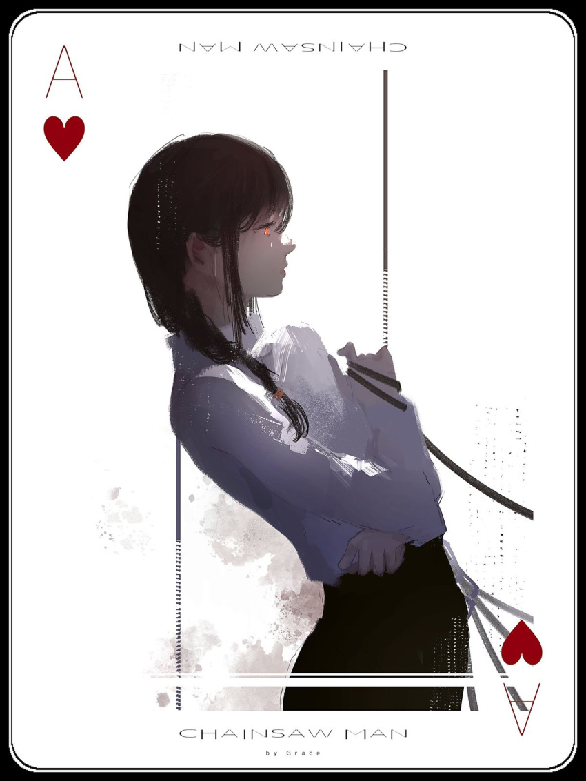 1girl, ace_(playing_card), ace_of_hearts, black_hair, black_pants, card, chainsaw_man, dog_lead