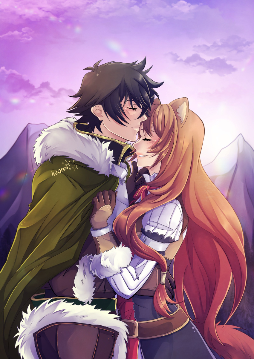 1boy, 1girl, absurdres, animal_ear_fluff, animal_ears, armor, artist_name, belt, black_dress, black_hair, black_shirt, breastplate, brown_armor, brown_belt, brown_gloves, brown_hair, brown_shirt, chest_guard, cloak, closed_eyes, closed_mouth, clouds, cloudy_sky, collared_shirt, commentary, commission, couple, dress, dusk, elbow_gloves, english_commentary, facing_another, frilled_arm_cuffs, from_side, fur-trimmed_armor, fur-trimmed_collar, fur-trimmed_gloves, fur_trim, gloves, gold_trim, green_cloak, green_pants, grey_armor, hetero, high_collar, highres, hug, iwatani_naofumi, iwonn_(pixiv943160), layered_shirt, leather_armor, long_hair, long_sleeves, messy_hair, metal_arm_cuffs, metal_wrist_cuffs, mountainous_horizon, neck_ribbon, outdoors, pants, parted_lips, pinstripe_dress, pinstripe_pattern, purple_sky, raccoon_ears, raccoon_girl, raccoon_tail, raphtalia, red_dress, red_ribbon, ribbon, second-party_source, shirt, short_hair, sky, sleeveless, sleeveless_dress, smile, straight_hair, tail, tassets, tate_no_yuusha_no_nariagari, two-tone_dress, upper_body, watermark, white_dress, white_fur