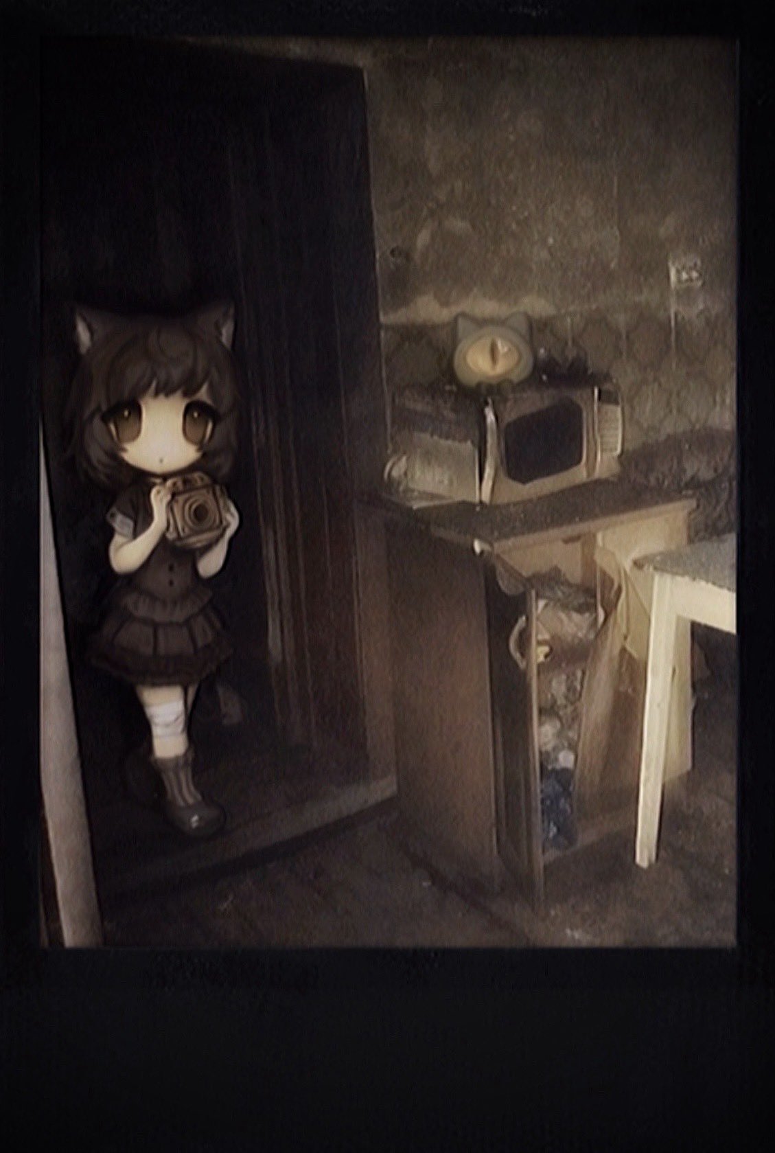 1girl, animal_ears, bandaid, bandaid_on_leg, black_shirt, brown_dress, brown_hair, brown_socks, camera, cat_ears, cat_girl, cupboard, doorway, dress, fatal_frame, grimmi_(3rd_costume)_(vtuber), grimmi_(vtuber), highres, holding, holding_camera, horror_(theme), indie_virtual_youtuber, looking_at_viewer, medium_hair, mollymishy, one-eyed, pale_skin, polaroid_photo, shirt, skelter_(grimmivt), socks, virtual_youtuber, yellow_eyes