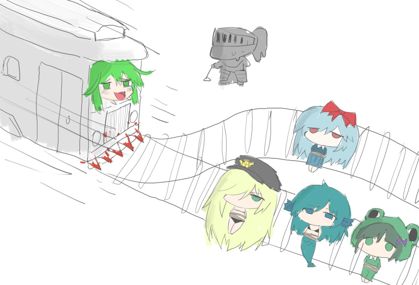 animal_hood, black_souls, blonde_hair, blue_hair, bound, bound_arms, commentary, frog_hood