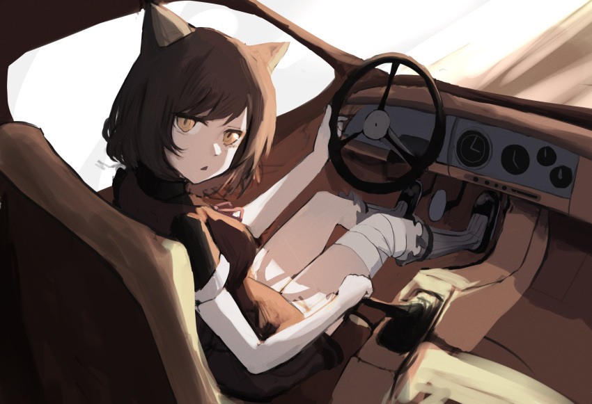 1girl, animal_ears, bandaged_leg, bandages, black_shirt, black_shoes, brown_dress, brown_hair
