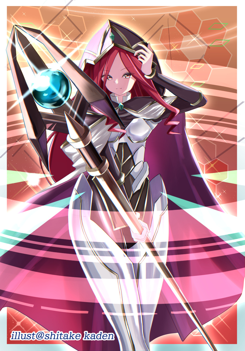 1girl, absurdres, armor, bodysuit, breasts, closed_mouth, commentary_request, commission, cyberse_witch, duel_monster, hair_between_eyes, highres, holding, holding_scepter, hood, long_hair, looking_at_viewer, pelvic_curtain, pixiv_commission, red_hair, scepter, shiitake_kaden, smile, solo, twitter_username, yu-gi-oh!