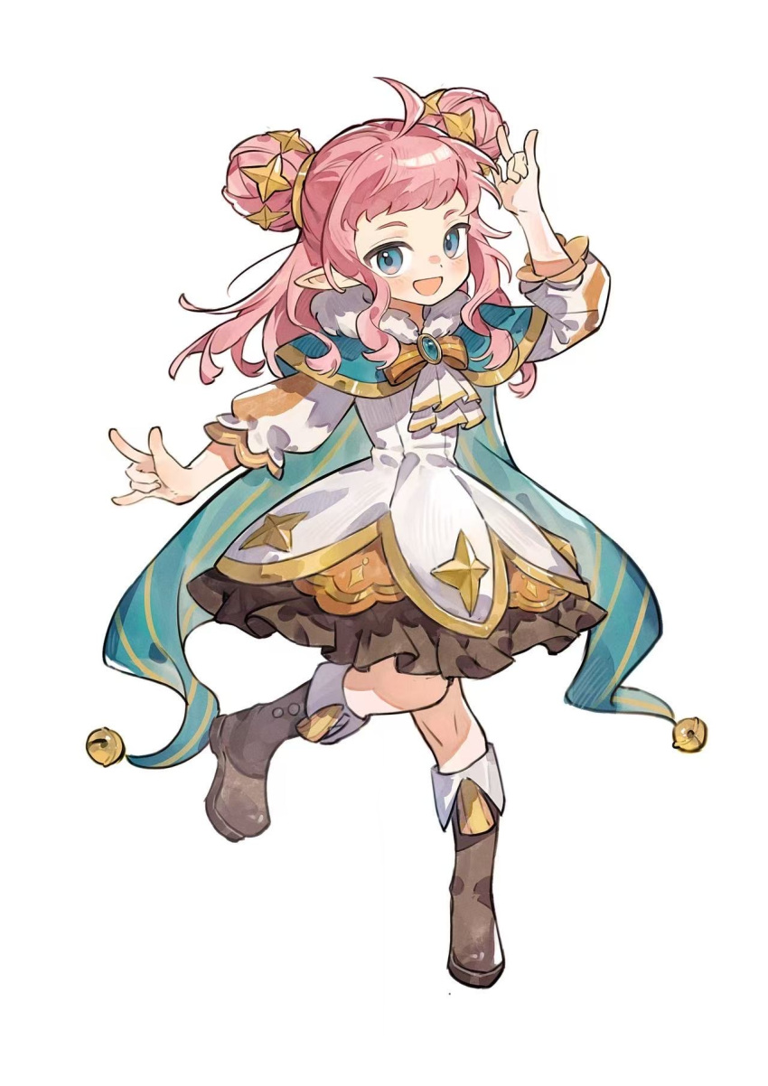 1girl, :d, ahoge, aqua_eyes, bell, blue_eyes, blush, boots