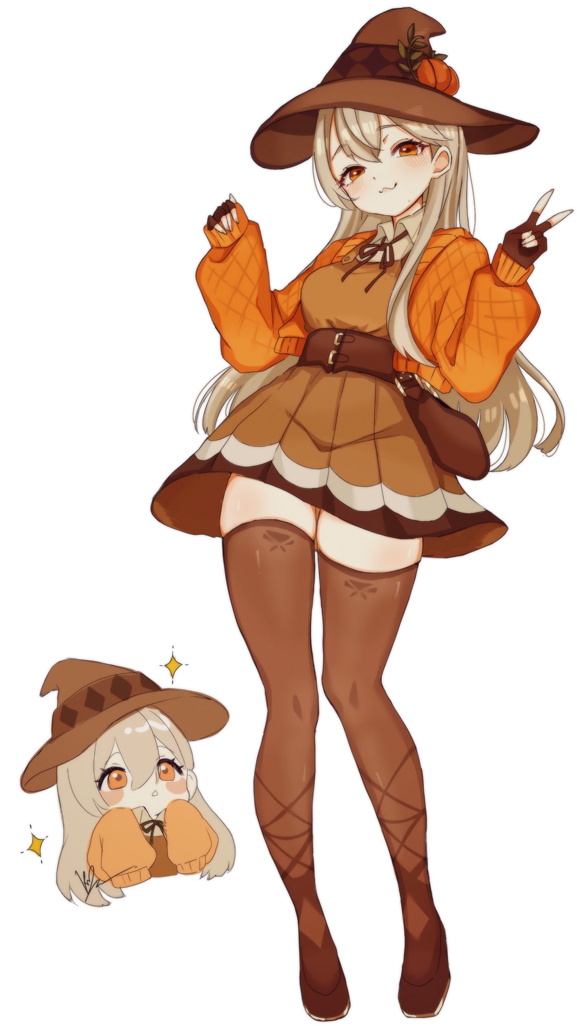 1girl, :3, bag, belt, blush, blush_stickers, breasts, brown_bag, brown_belt, brown_gloves, brown_skirt, chibi, chibi_inset, commentary, dot_nose, fingerless_gloves, fortnite, full_body, gloves, hair_between_eyes, hat, high_heels, highres, jacket, kurerin, lexa_(fortnite), lexa_hexbringer, looking_at_viewer, medium_breasts, orange_jacket, pumpkin_hat_ornament, red_eyes, simple_background, skirt, sleeves_past_fingers, sleeves_past_wrists, solo, sparkle, thigh-highs, thigh_gap, v, white_background, white_hair, wing_collar, witch_hat, zettai_ryouiki