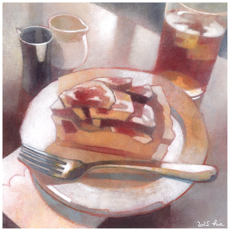 commentary_request, cup, dated, drink, drinking_glass, fig, fig_tart, food, food_focus, fork, fruit_tart, hgreeee, napkin, no_humans, original, painterly, plate, signature, still_life, tart_(food), tart_slice