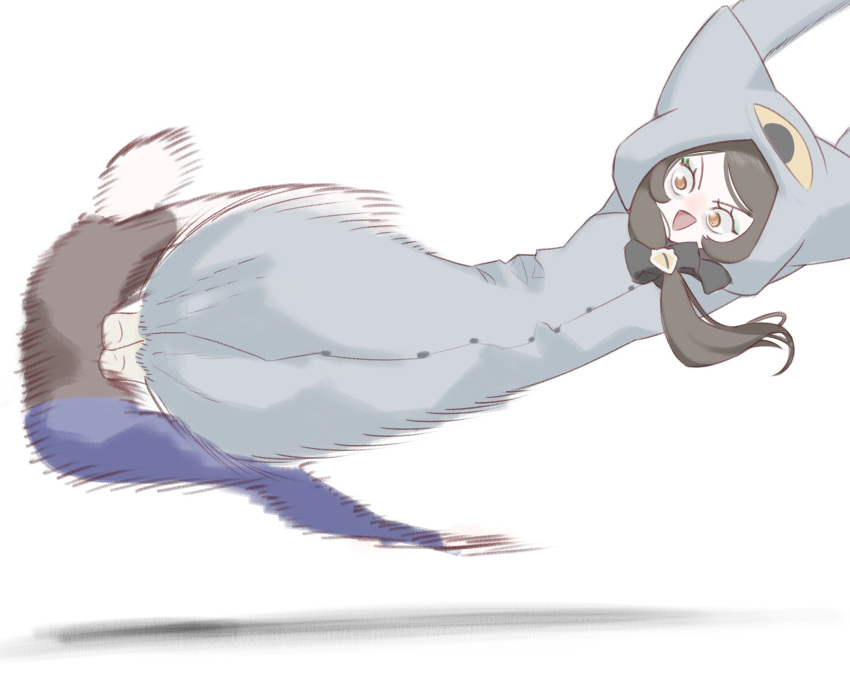 1girl, 1other, black_bow, black_hair, bow, cosplay, dropkick, flying_kick