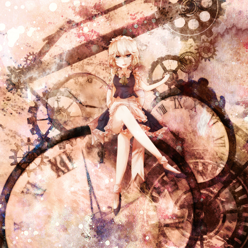 apron, arm_up, ascot, blonde_hair, braid, clock, crossed_legs, gears