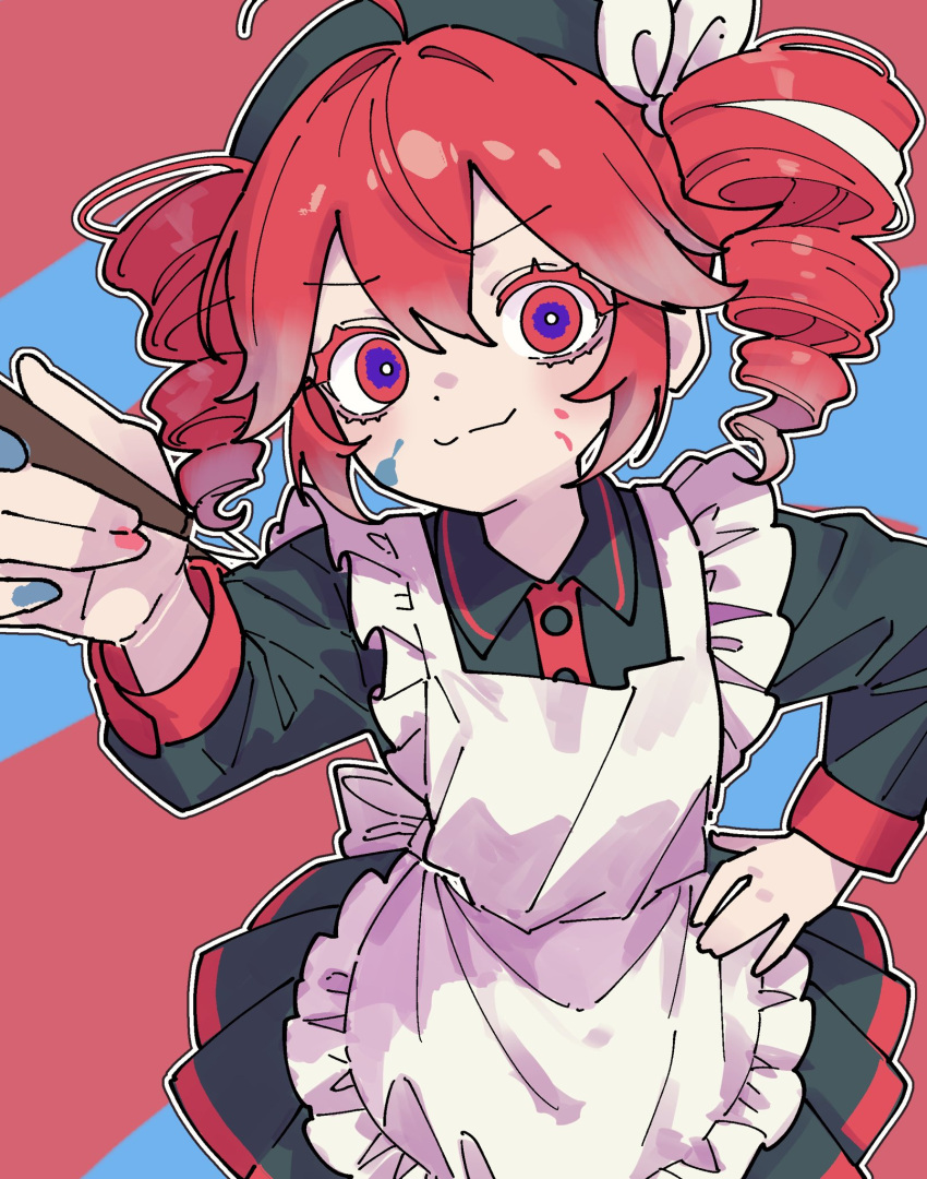 1girl, abstract_background, ahoge, apron, black_dress, blue_paint, bow, buttons