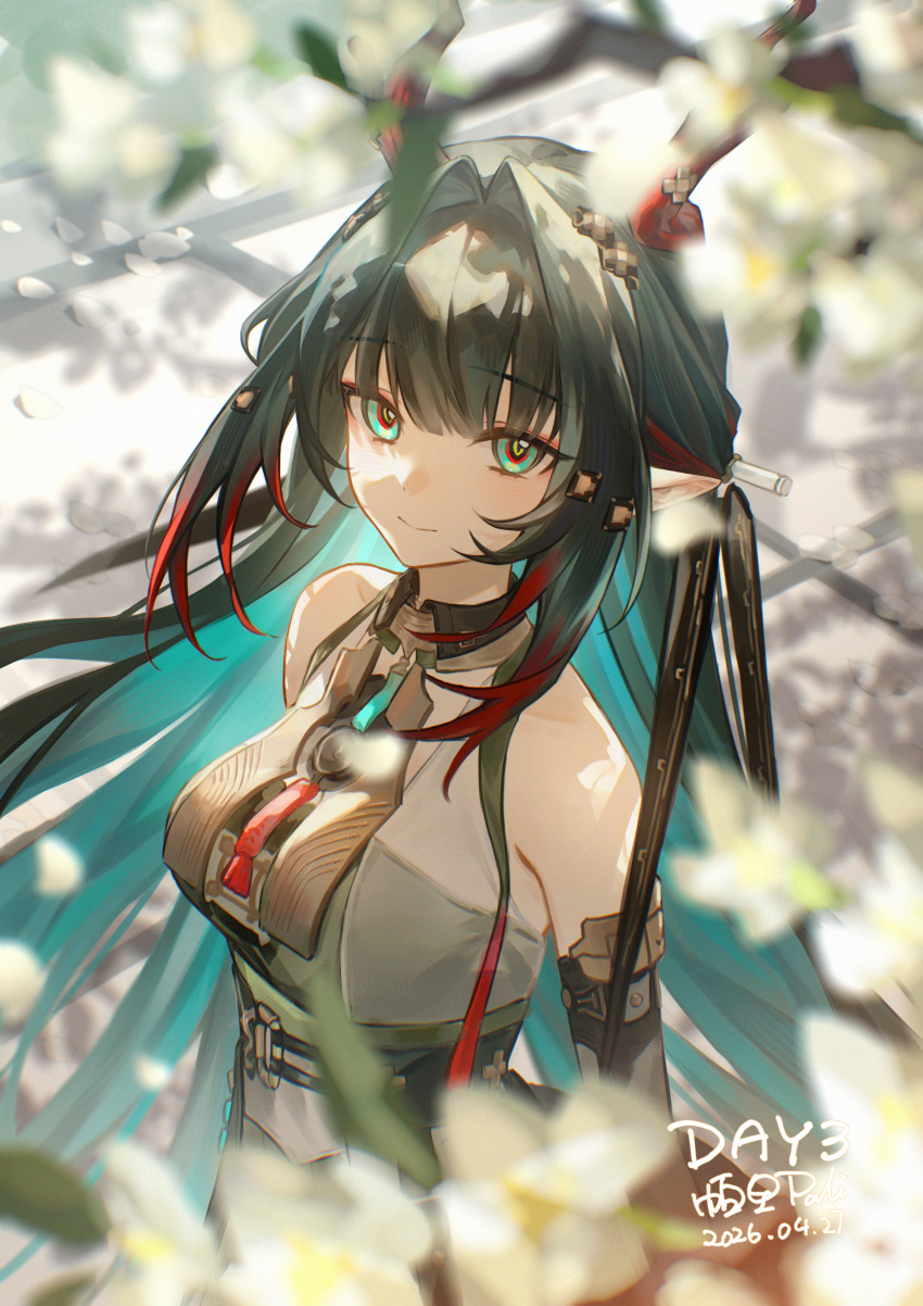 1girl, absurdres, arknights, arknights:_endfield, bare_shoulders, black_hair, commentary_request, dragon_girl