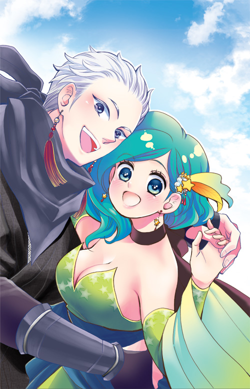 1girl, aqua_hair, bad_id, blue_eyes, breast_clinging, breasts, cleavage, earrings
