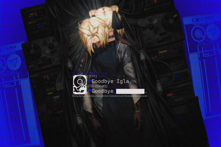 2girls, blonde_hair, blue_background, cable, commentary, dark_background, english_text, facial_mark
