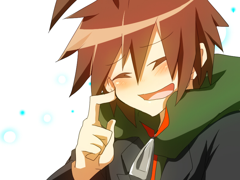 1boy, ahoge, black_coat, blush, brown_hair, coat, commentary_request, danganronpa_(series), green_jacket, jacket, manachiyuu, naegi_makoto, smile, solo, white_background