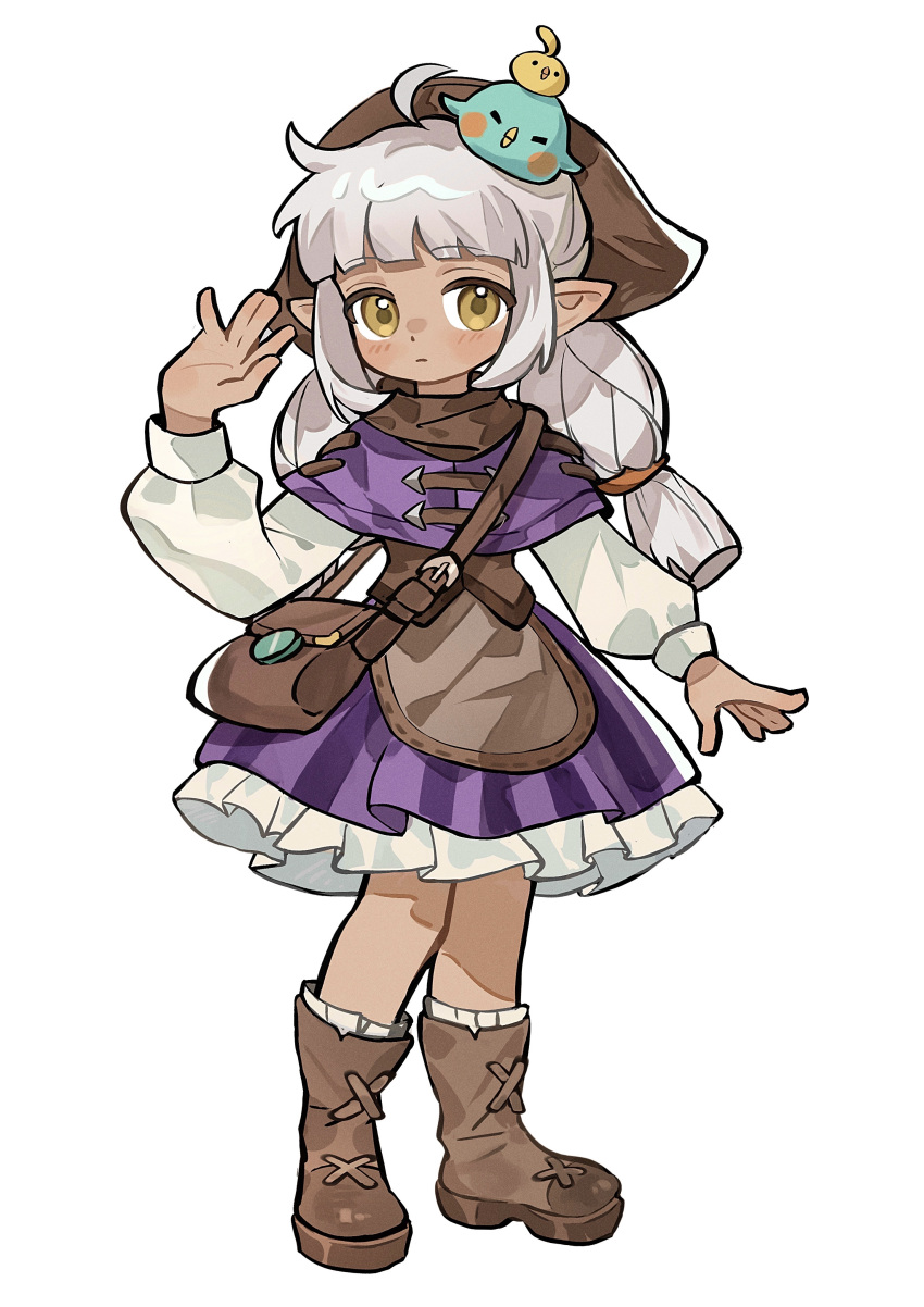 1girl, absurdres, ahoge, bag, bird, blunt_bangs, boots, brown_eyes, capelet, chinese_commentary, closed_mouth, commentary_request, dark-skinned_female, dark_skin, dress, eddie_(roco_kingdom:_world), elf, frills, full_body, grey_hair, hand_up, highres, long_hair, long_sleeves, looking_at_viewer, low-tied_long_hair, on_head, pointy_ears, puffy_long_sleeves, puffy_sleeves, roco_kingdom, roco_kingdom:_world, shoulder_bag, simple_background, skirt, socks, solo, standing, tan, twintails, white_background, white_hair, white_socks, wujiujiu, yellow_eyes
