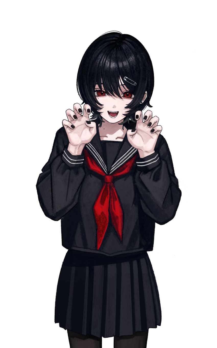 1girl, absurdres, akiii_kawa, black_nails, black_sailor_collar, black_serafuku, black_shirt, black_skirt