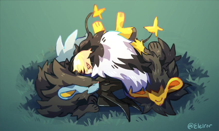 1boy, alternate_color, armor, black_armor, black_fur, blonde_hair, closed_eyes, closed_mouth