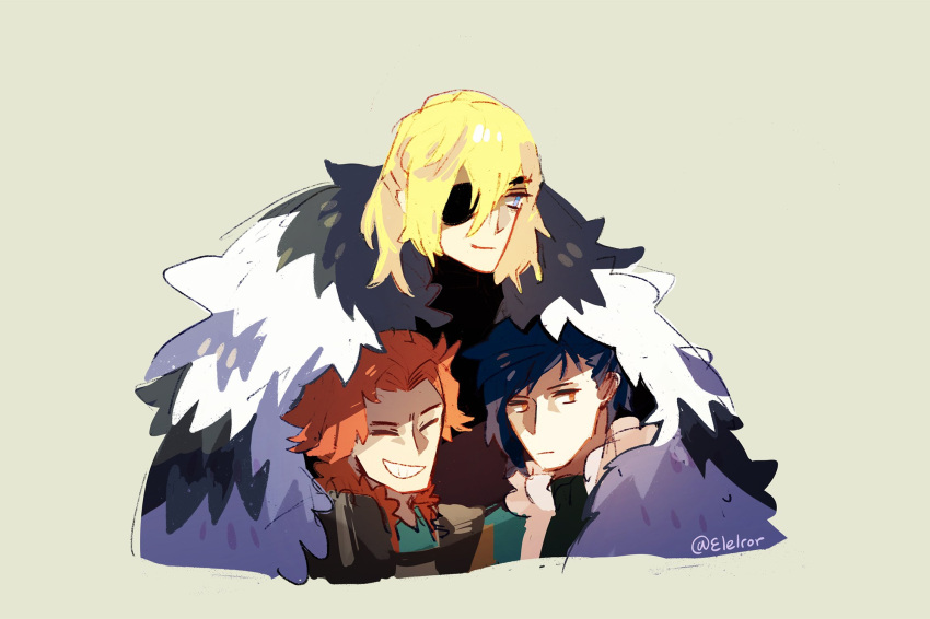 3boys, aqua_cape, black_fur, blonde_hair, blue_eyes, blue_hair, cape, closed_mouth