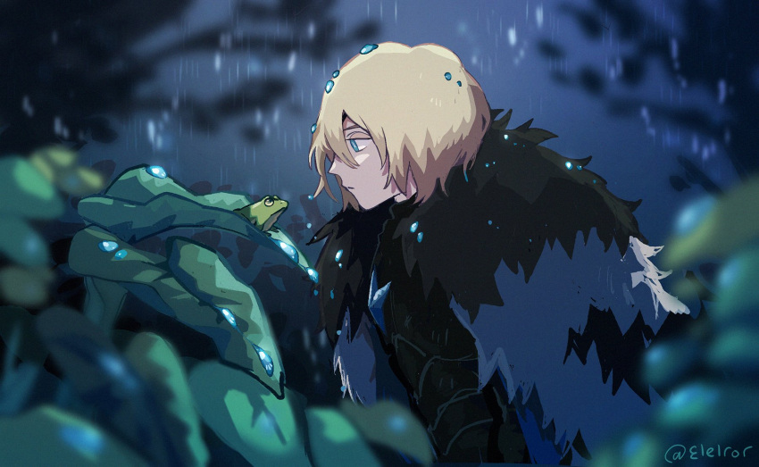 1boy, animal, armor, black_armor, black_fur, blonde_hair, blue_cape, blue_eyes