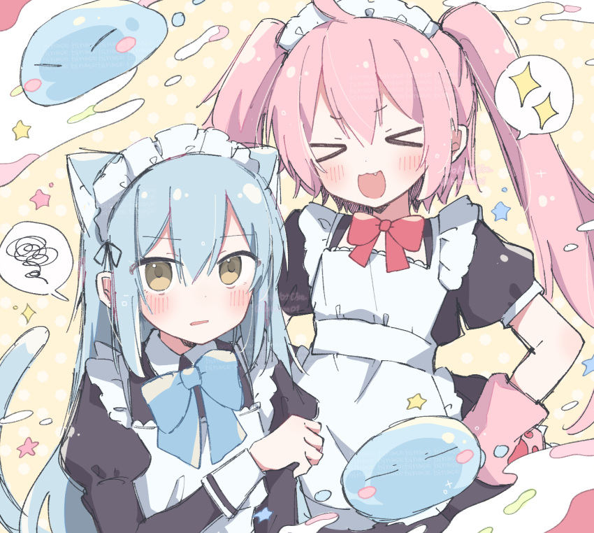 >_<, 2girls, :3, :d, animal_ears, apron, black_dress, blue_bow