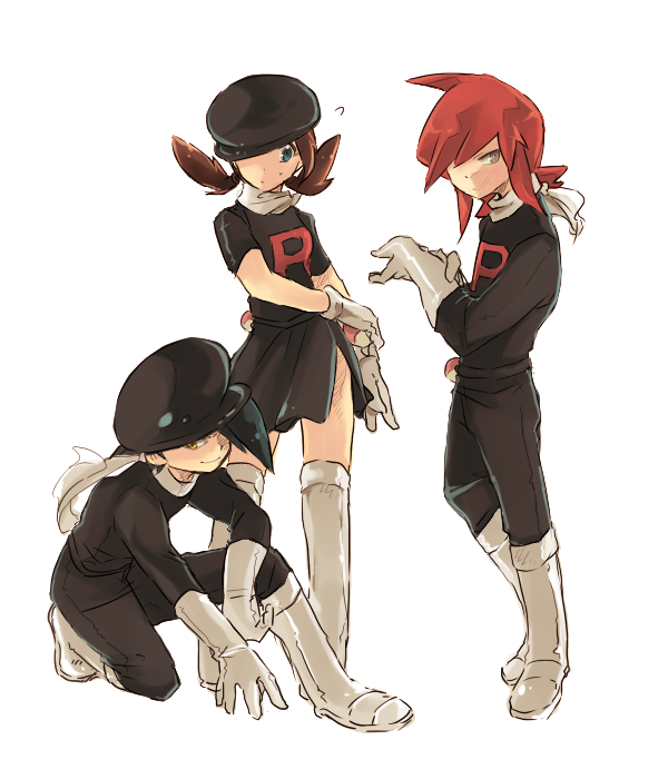 alternate_costume, boots, cosplay, gloves, gold_(pokemon), goro_nyanko, hat, knee_boots, kotone_(pokemon), miniskirt, multiple_boys, pokemon, pokemon_(game), pokemon_gsc, pokemon_special, scarf, silver_(pokemon), skirt, team_rocket, team_rocket_(cosplay), thighhighs, zettai_ryouiki