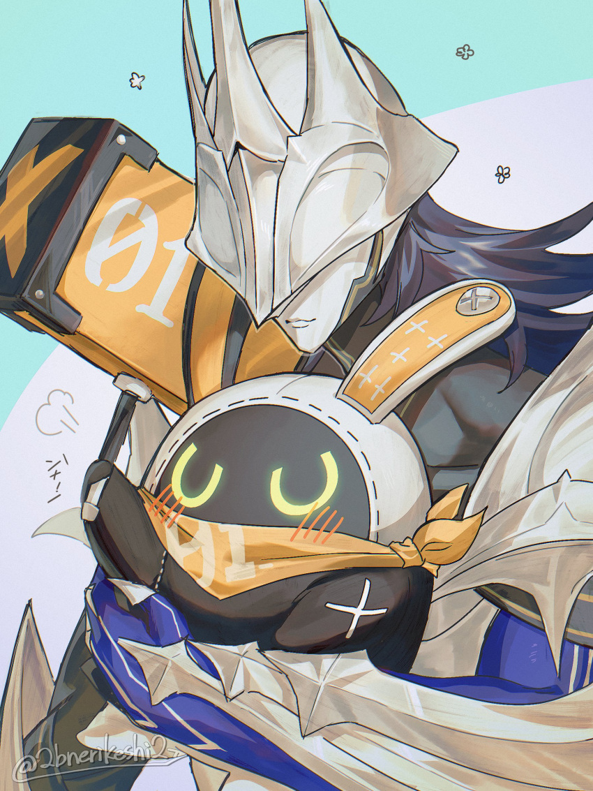 1boy, 2bnerikeshi2, absurdres, bandana, bangboo_(zenless_zone_zero), black_hair, blush, closed_mouth, eous_(zenless_zone_zero), hammer, highres, holding, holding_hammer, long_hair, orange_bandana, pyrois_(zenless_zone_zero), twitter_username, zenless_zone_zero