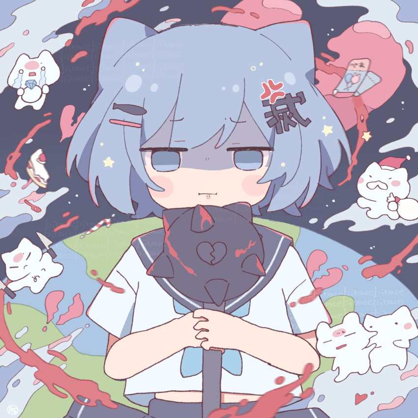 1girl, anger_vein, animal, animal_ears, ball_and_chain_(weapon), black_sailor_collar, blood, blue_eyes